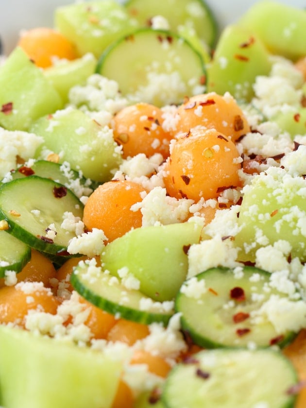 Close up eye level honeydew salad with feta