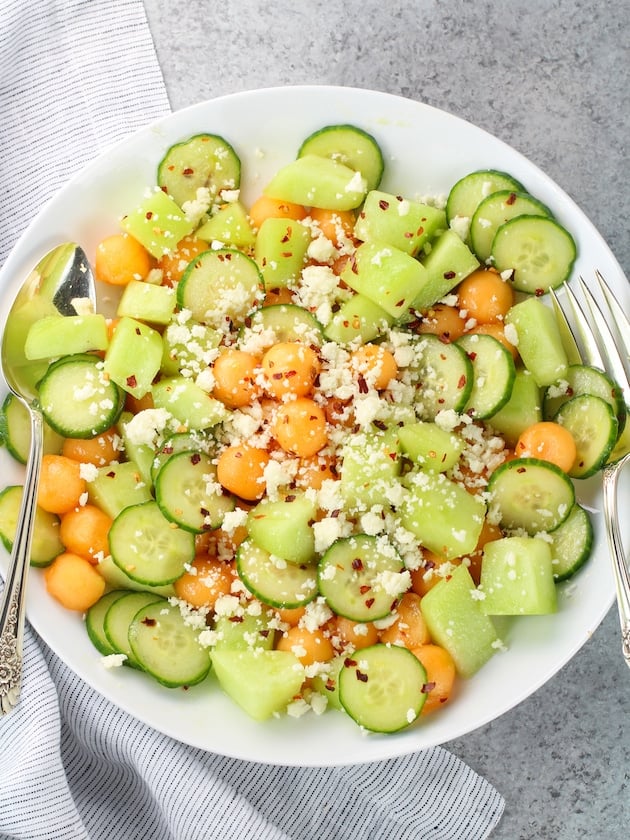 Summer Melon Salad with honeydew, cantaloupe, and Feta on a plate