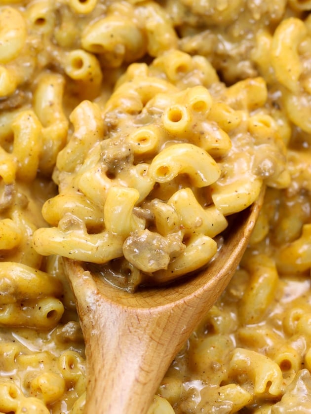 Very close up view of cheeseburger macaroni in a pot