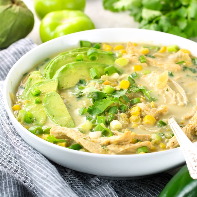 bowl of instant pot chicken salsa verde soup
