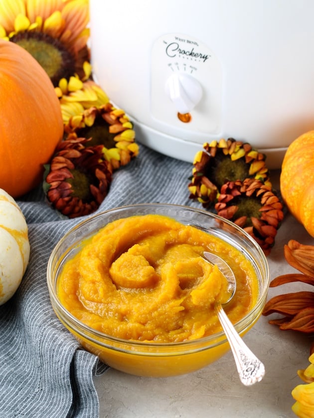 Glass bowl of pumpkin puree in front of a slow cooker