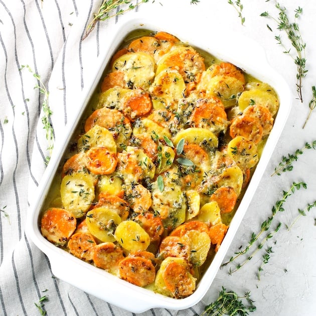 Casserole dish of sweet potato gratin