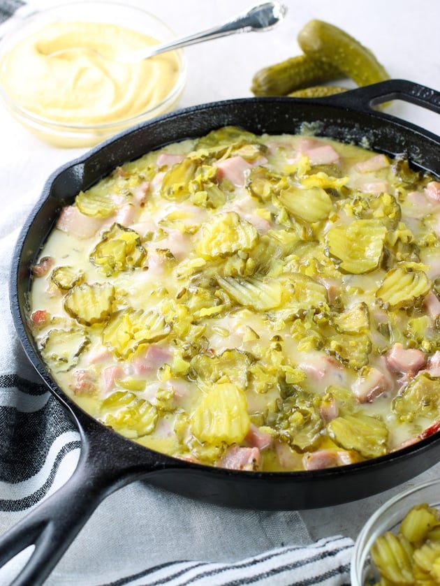 Cast Iron with Cuban Casserole of ham, pork, pickles, and swiss cheese