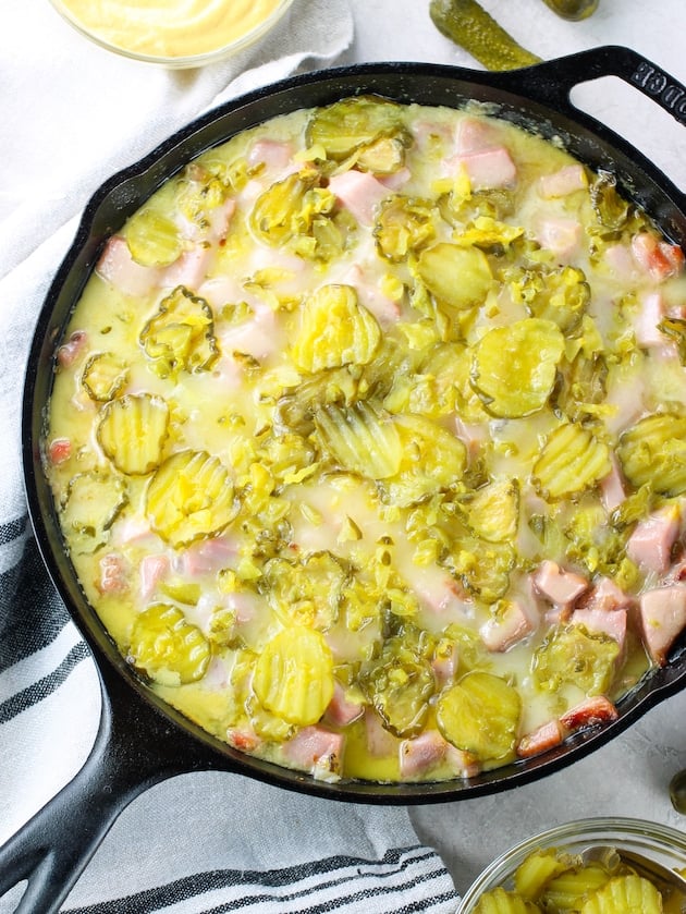 baked skillet of melted cheesy cuban casserole