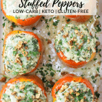 Pinterest pin of stuffed peppers with chicken artichoke spinach filling