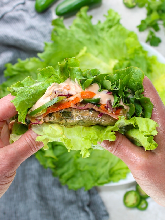 lettuce wrap version of asian slaw tuna burger