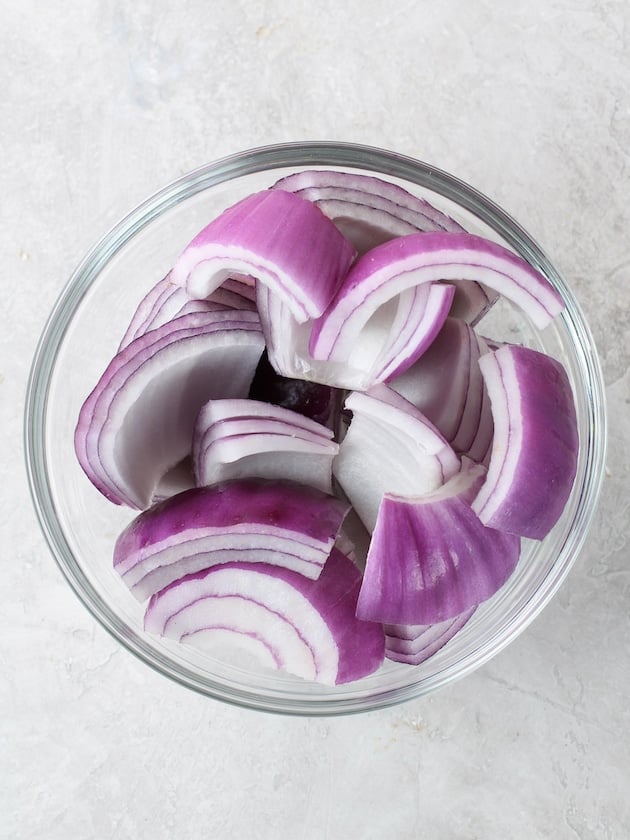 glass bowl of red onions