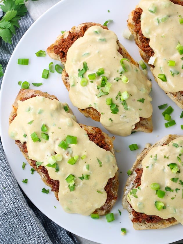 Partial platter of choripollo and cheese sauce