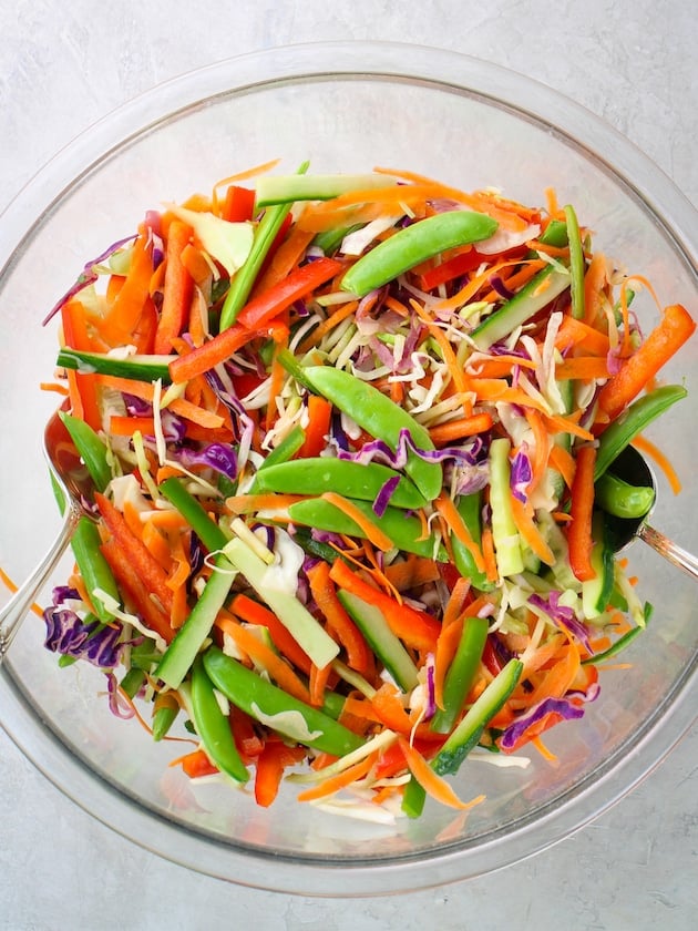 glass bowl with asian slaw