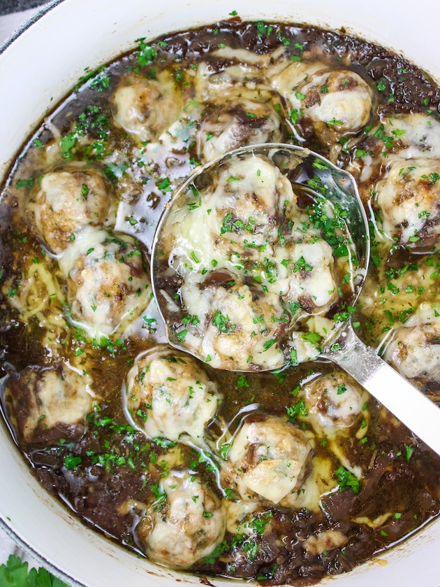 Low Carb French Onion Soup with Meatballs in a large pot.