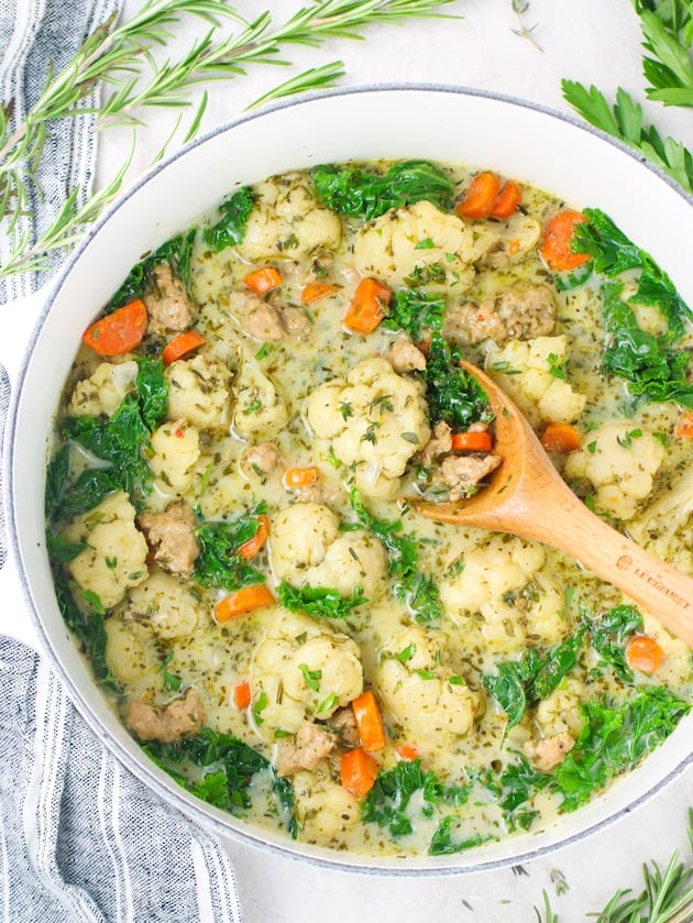 Low carb Zuppa Toscana Soup in a pot.