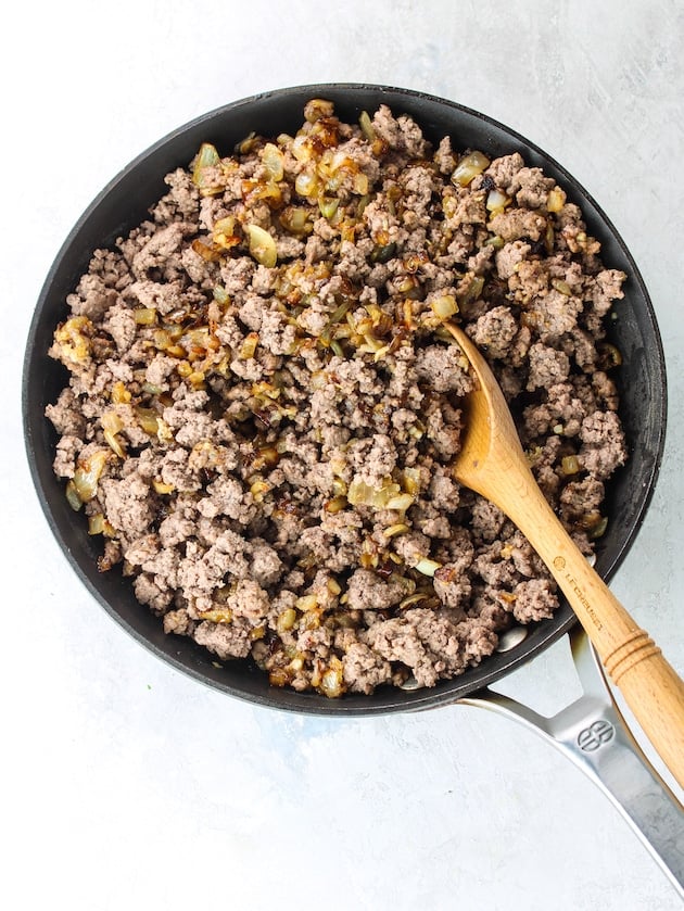 Cooked ground beef, onions, and garlic.