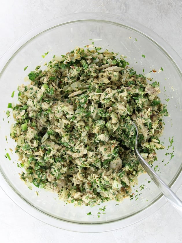 All the ingrtedients for the Tuna Patties in a large glass mixing bowl mixed thoroughly together.