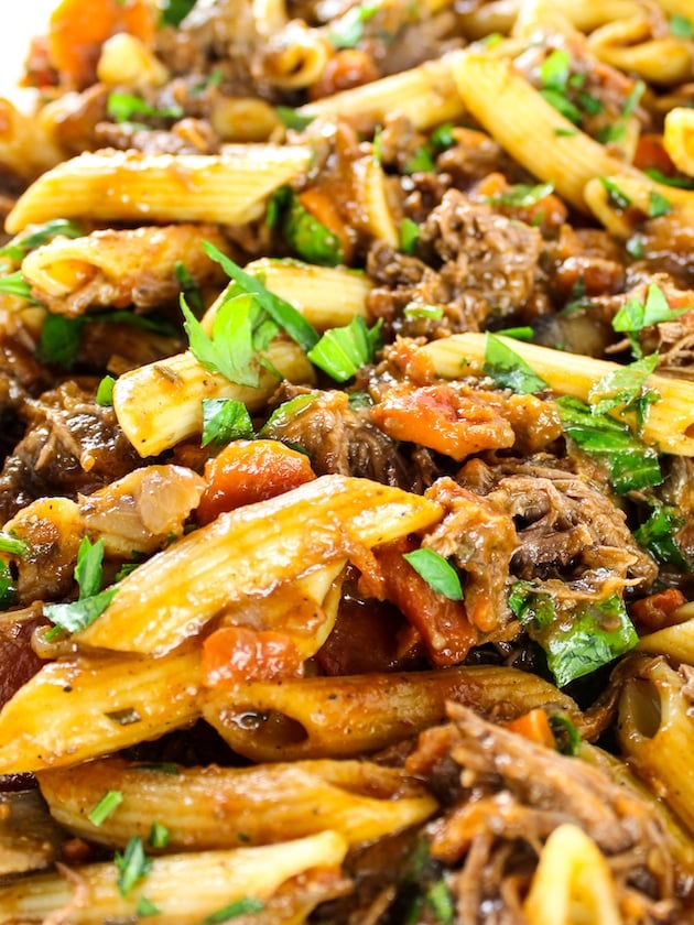 A very tight shot of Beef Ragu in a skillet