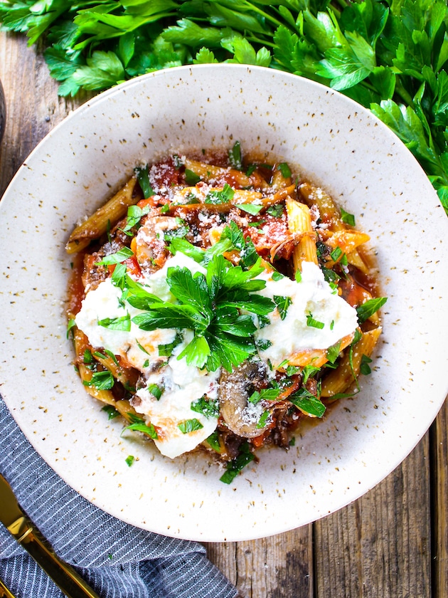 Bowl of Beef Ragu with ricotta on top