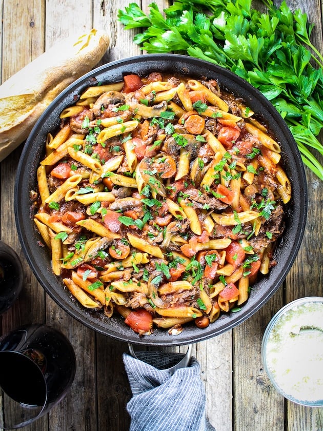 A shot of Crock-Pot Beef Ragu with Penne in a skillet