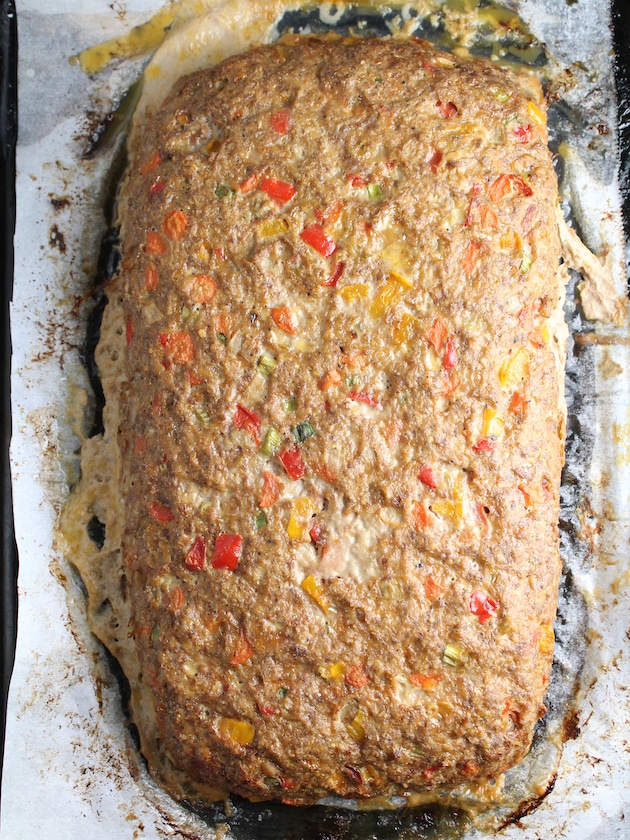 Gluten free meatloaf cooked on a baking sheet.