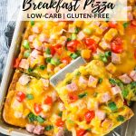A baking pan with a spatula lifting out a piece of low-carb breakfast pizza.