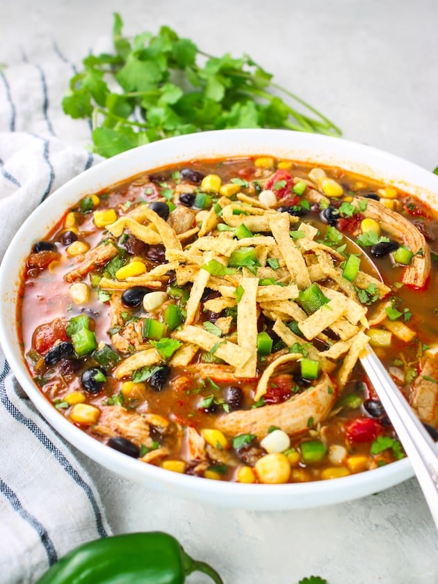 A delicious chicken tortilla soup recipe in a bowl garnished with tortilla strips.