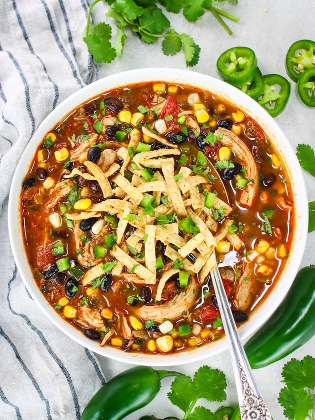 A bowl of tortilla soup with tortilla strips on top.