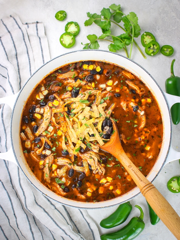 A soup pot full of chicken tortilla soup with tortilla strips sprinkled on top.