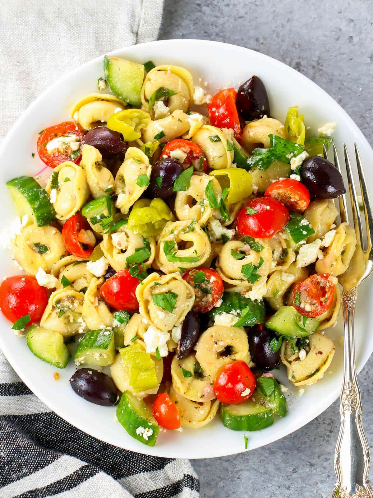 A plate of Greek Tortellini Pasta Salad.