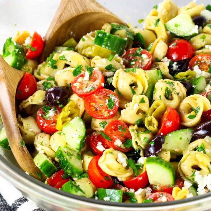 A half bowl of Greek Pasta Salad