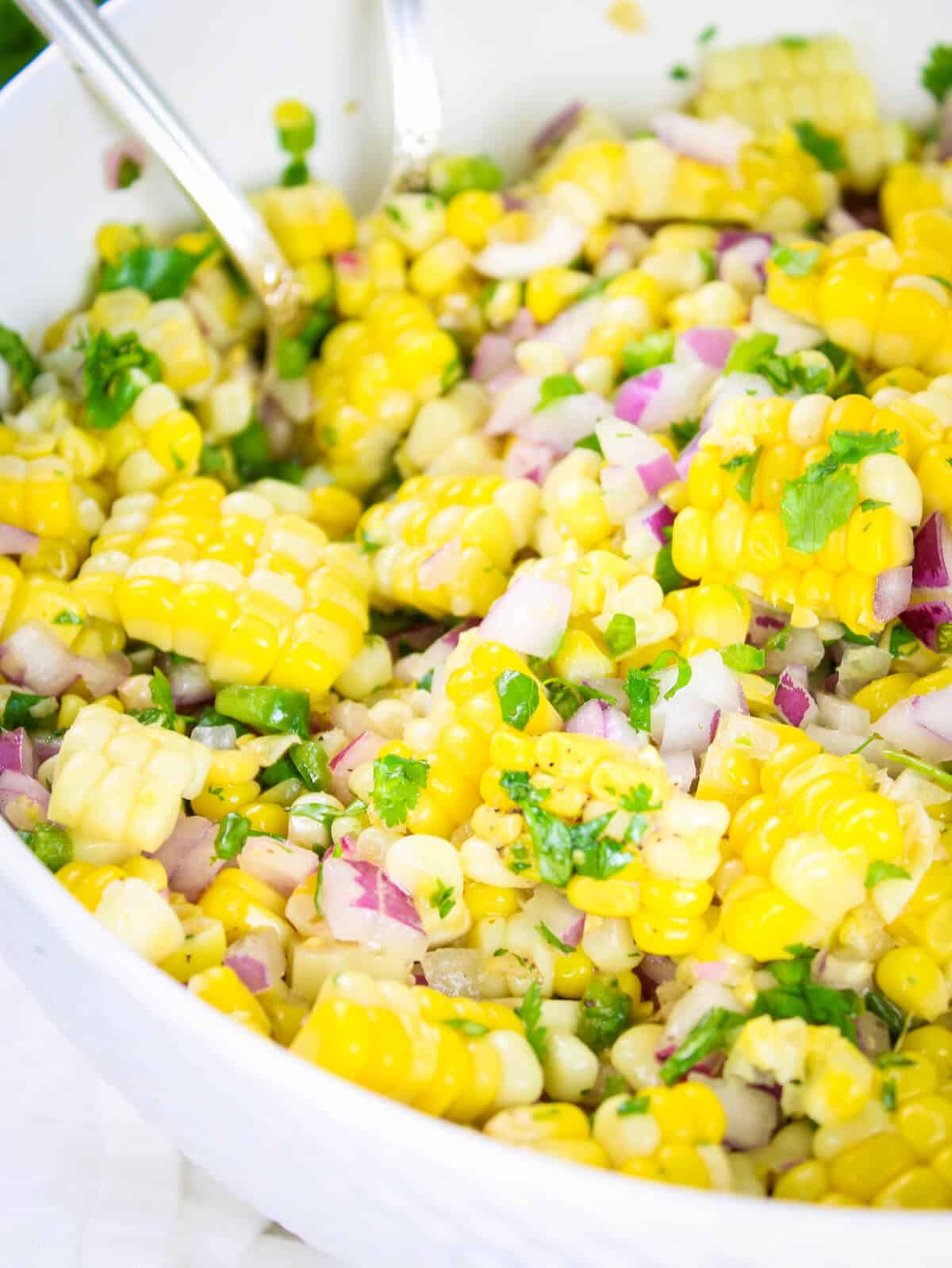 Close-up photo of the Corn Salad mixed and ready to eat.