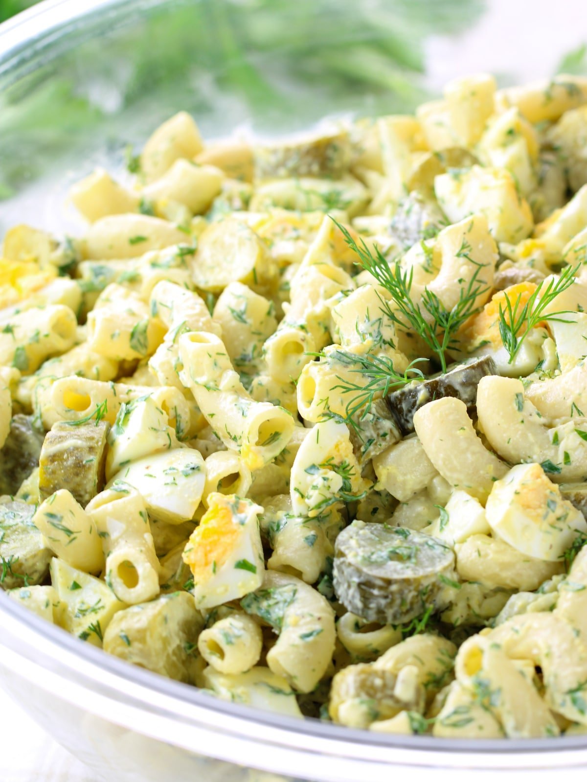 A close-up eye-level photo of a bowl of Pasta salad.