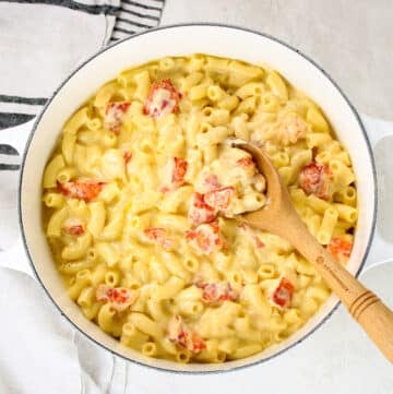 A large pot with Lobster Mac and Cheese.