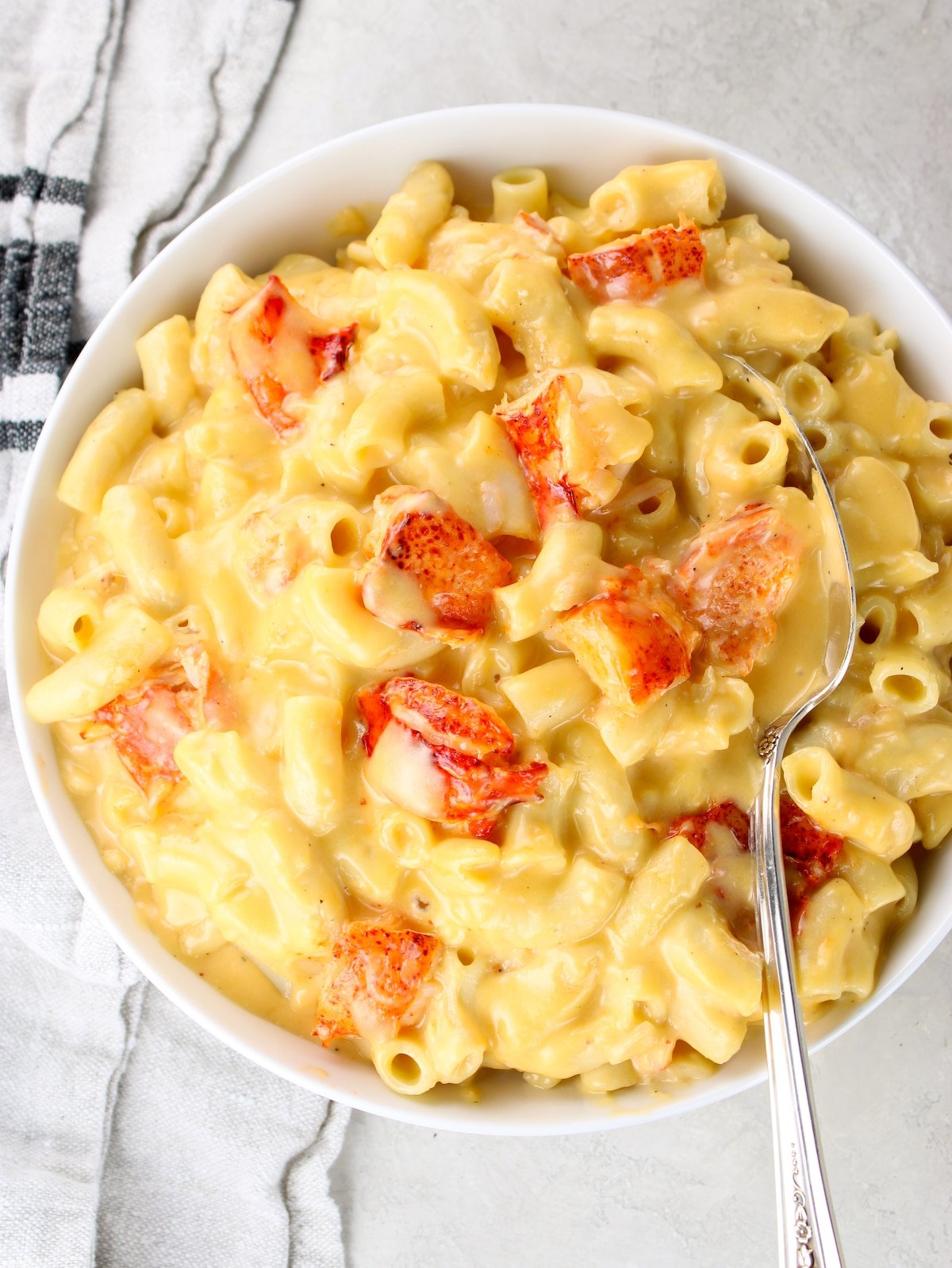 A close-up photo of melted cheese, macaroni, and lobster meat.