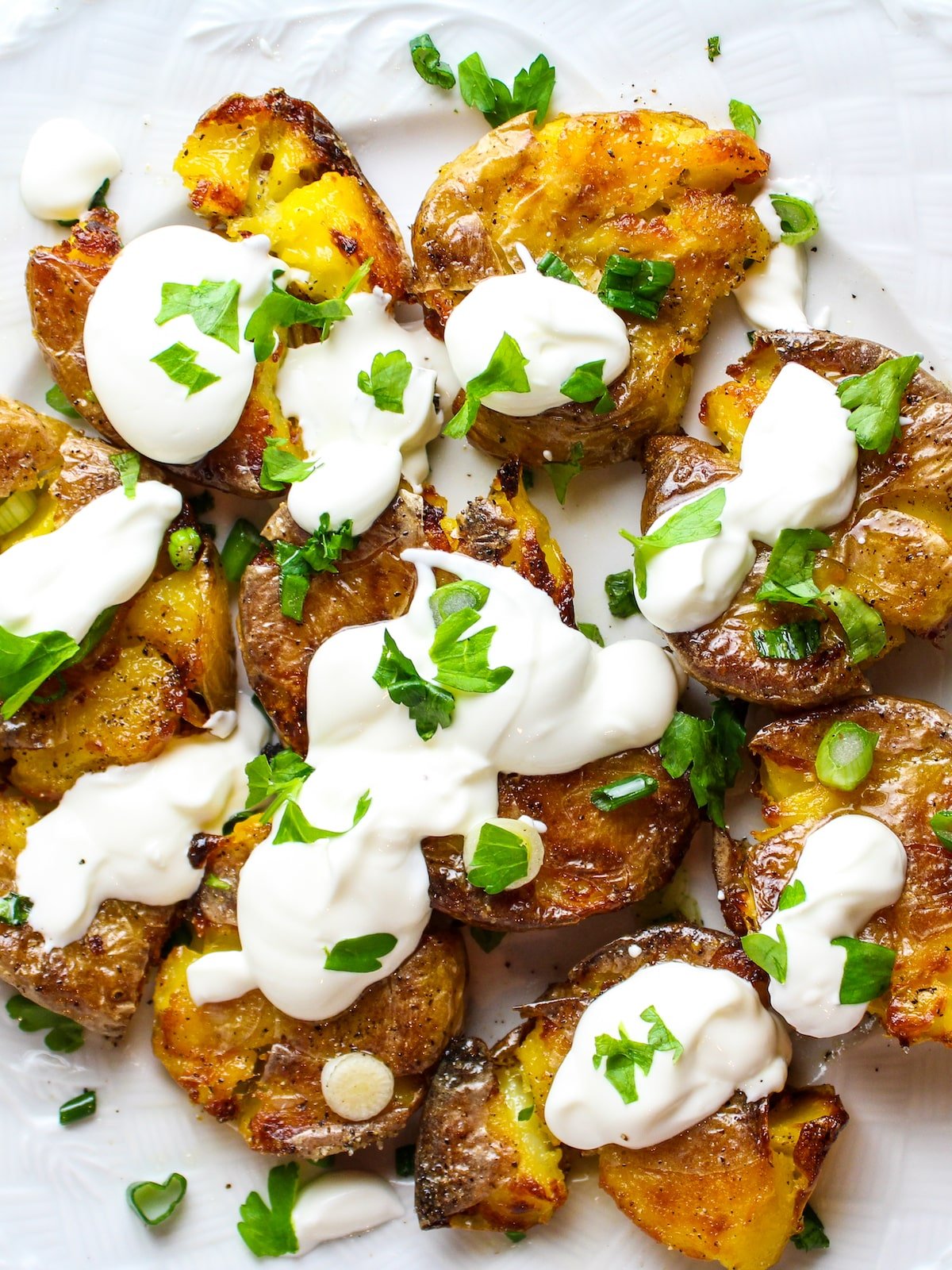 Crispy Smashed Potatoes with Pickles and Gin-Spiked Sour Cream