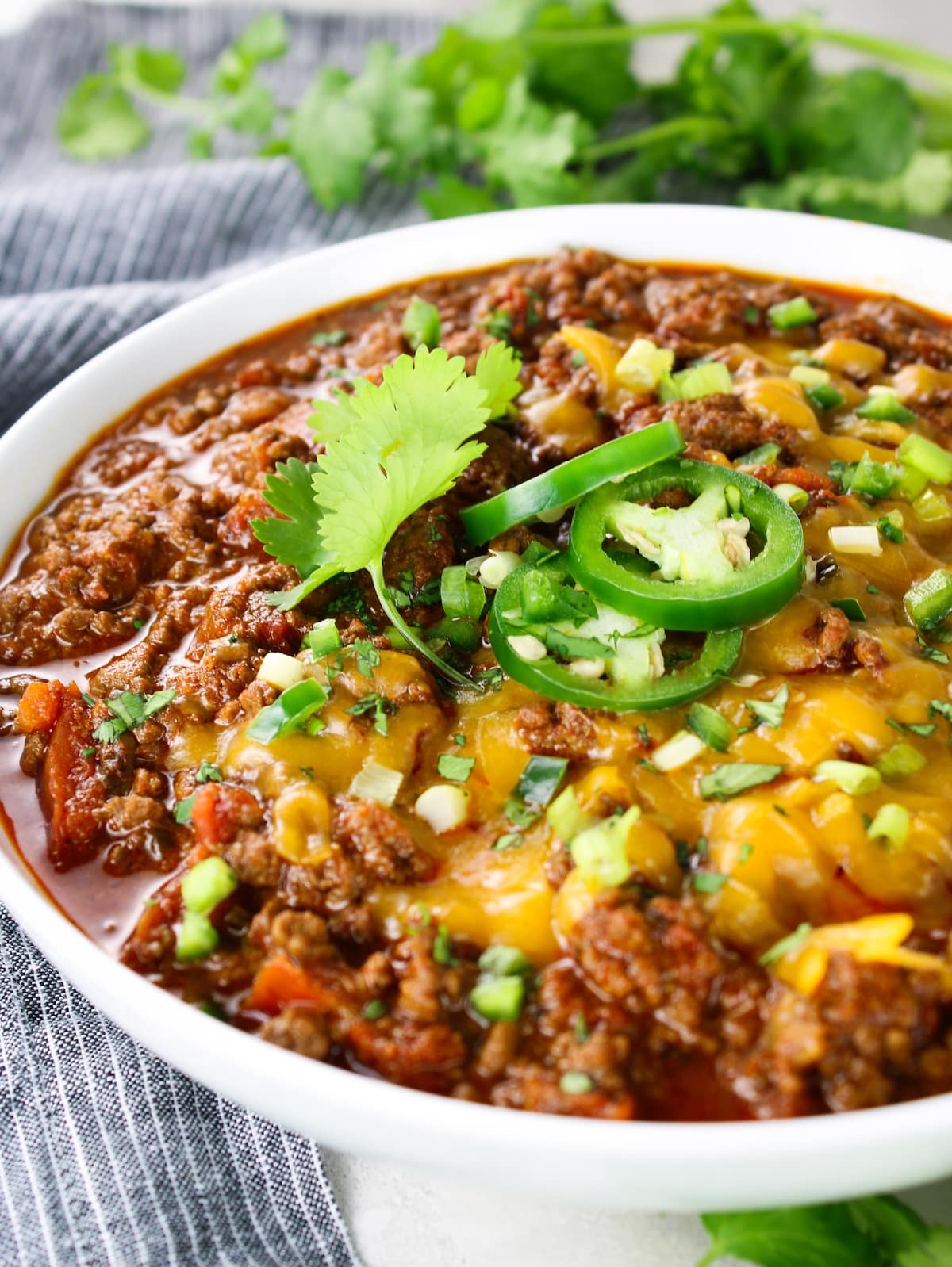 A close-up photo of a bowl Texas Style Chili that has no beans.