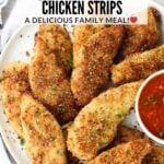 A Pinterest pin of Parmesan Baked Chicken Strips.