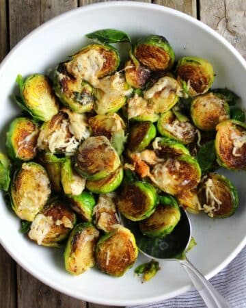 Asiago Cheese Brussels Sprouts on a bowl.