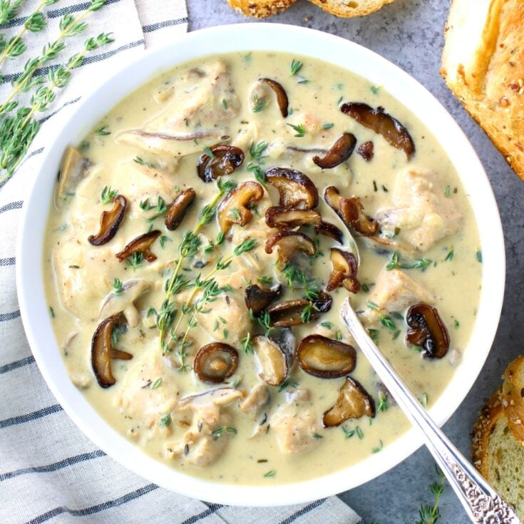 A bowl of low carb chicken mushroom Soup.