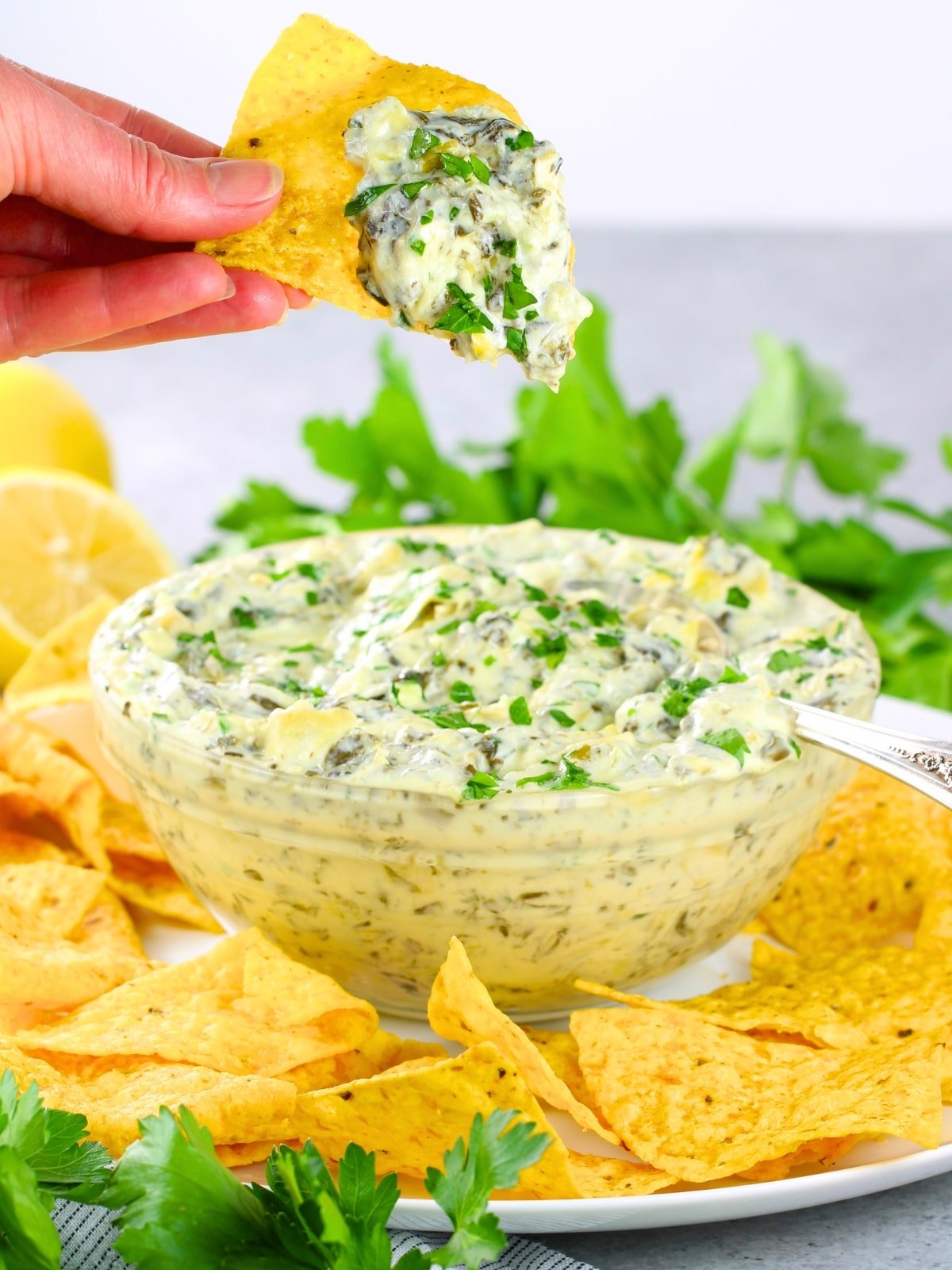 Appetizer recipes - Easy Instant Pot Spinach Artichoke Dip served with tortilla chips.