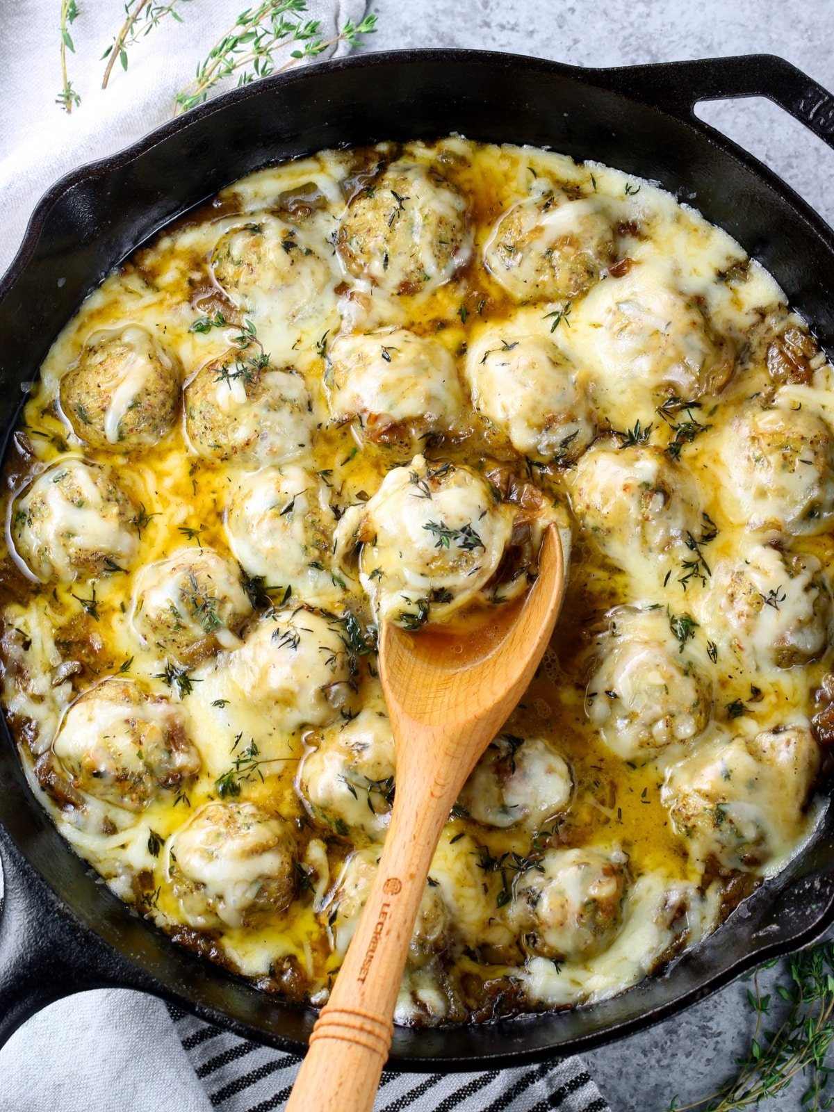 Appetizer recipes - French Onion Chicken Meatballs in a cast iron skillet.