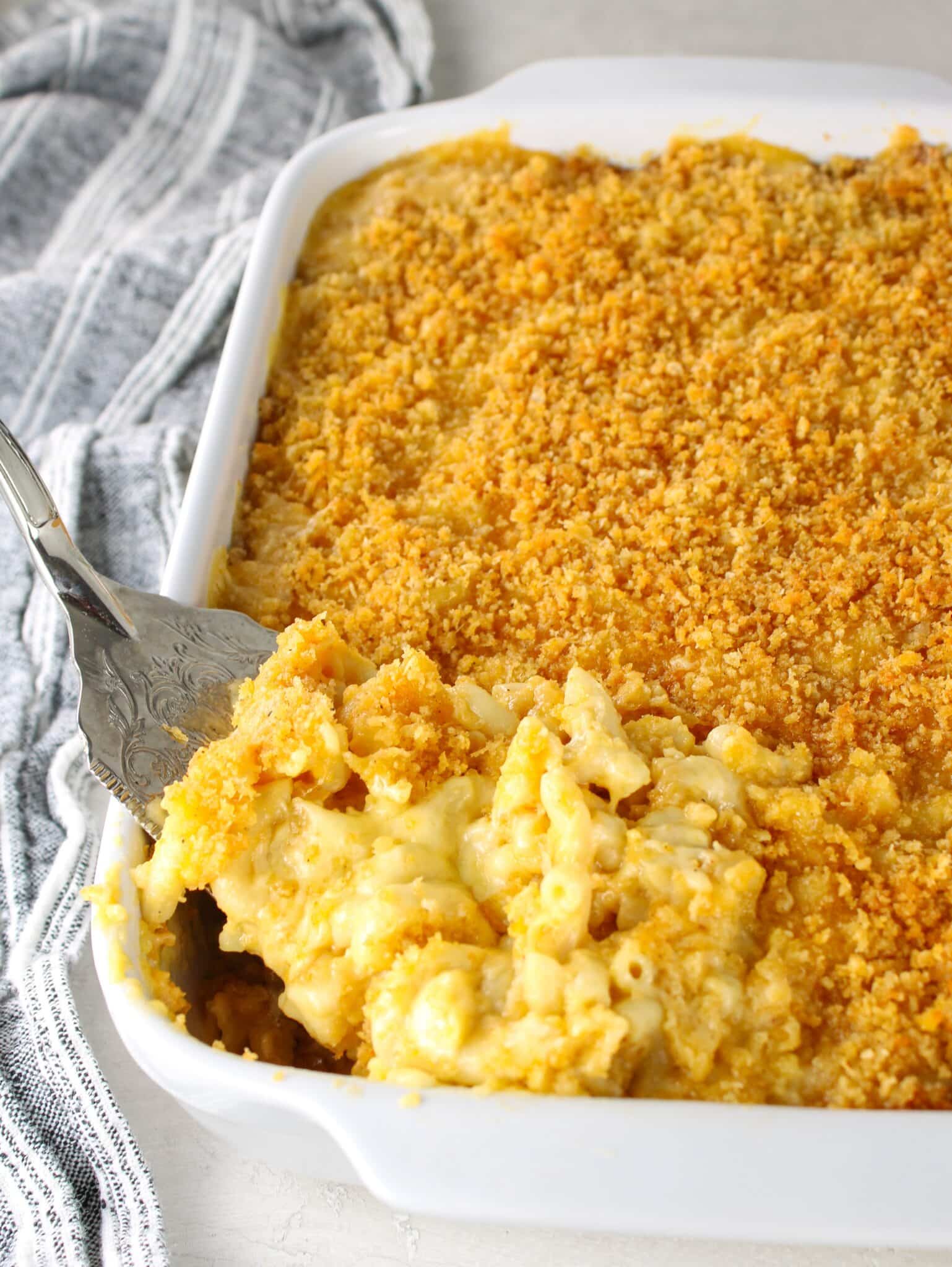A 9x13 baking dish with the casserole baked.
