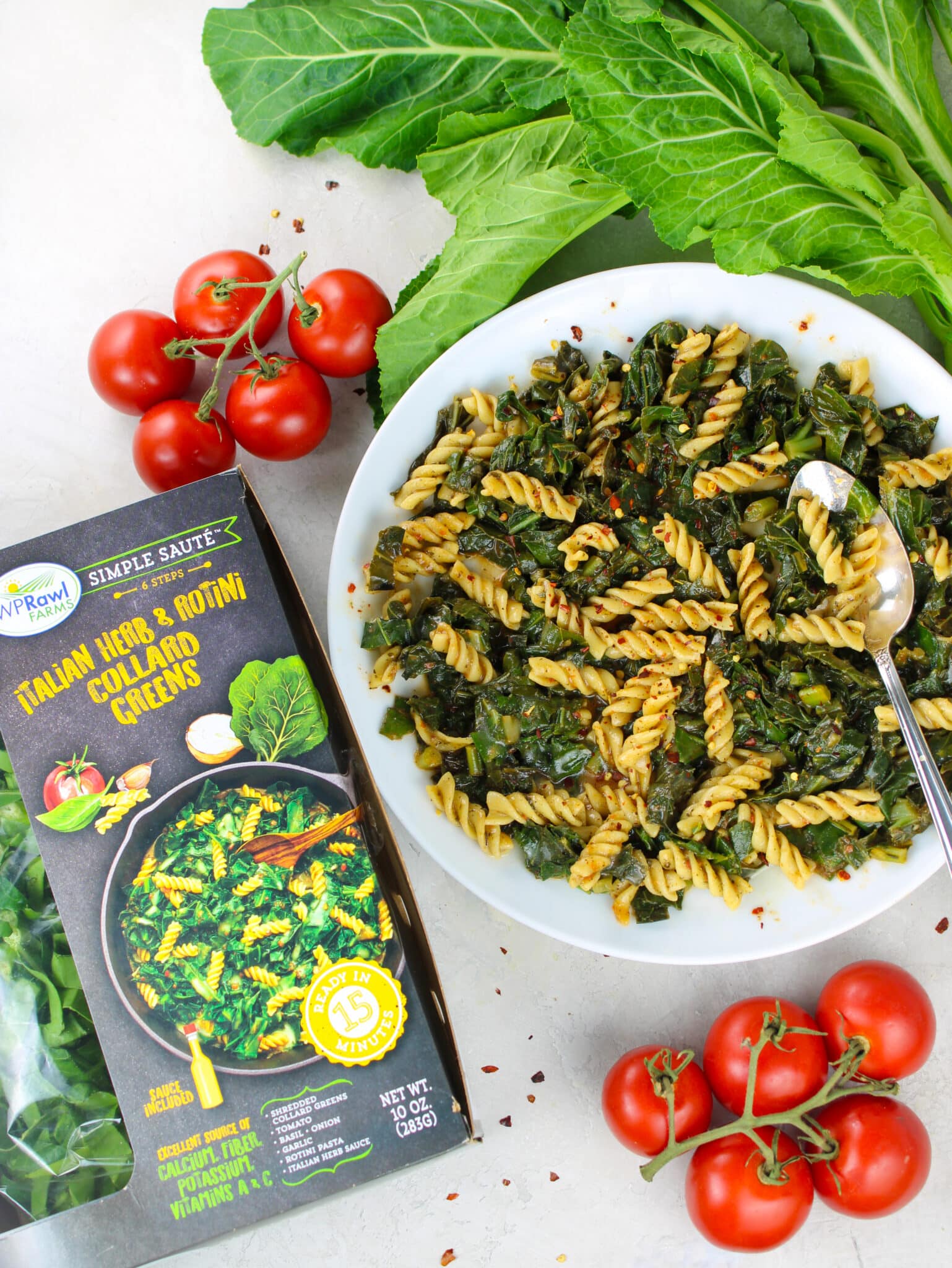 Italian Herb and Rotini sauté kit and cooked meal.