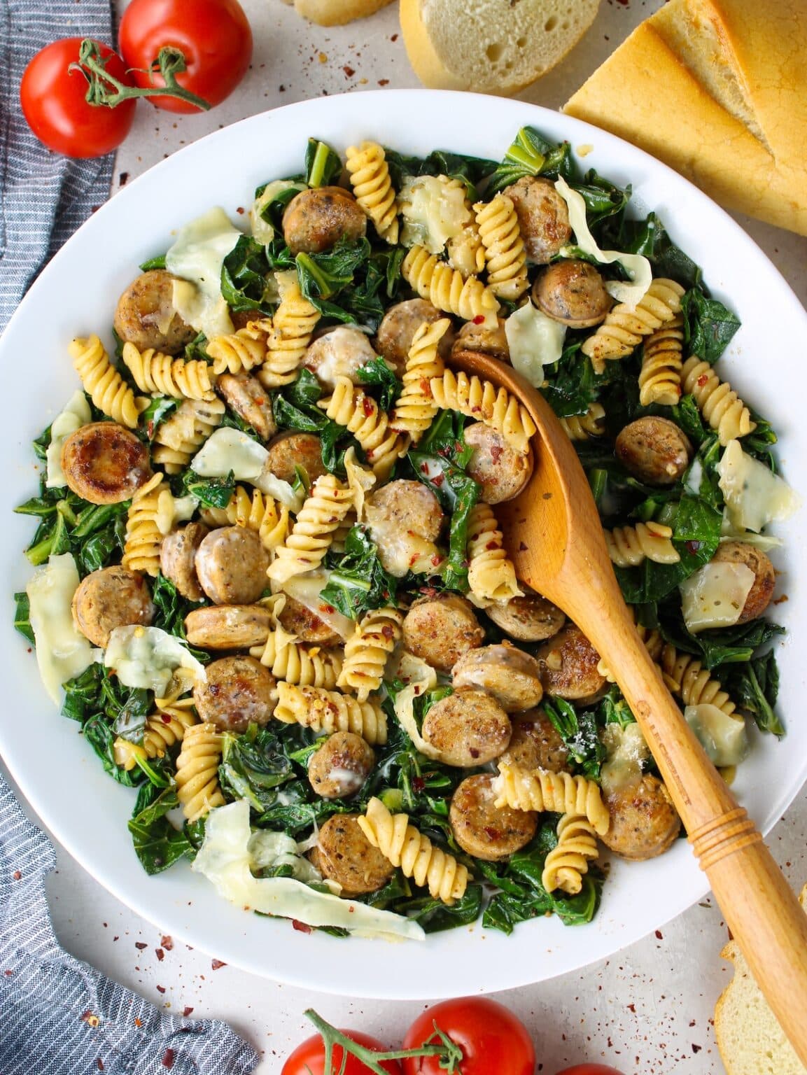 Italian Herb & Rotini Collard Greens (with Chicken Sausage) Taste And See
