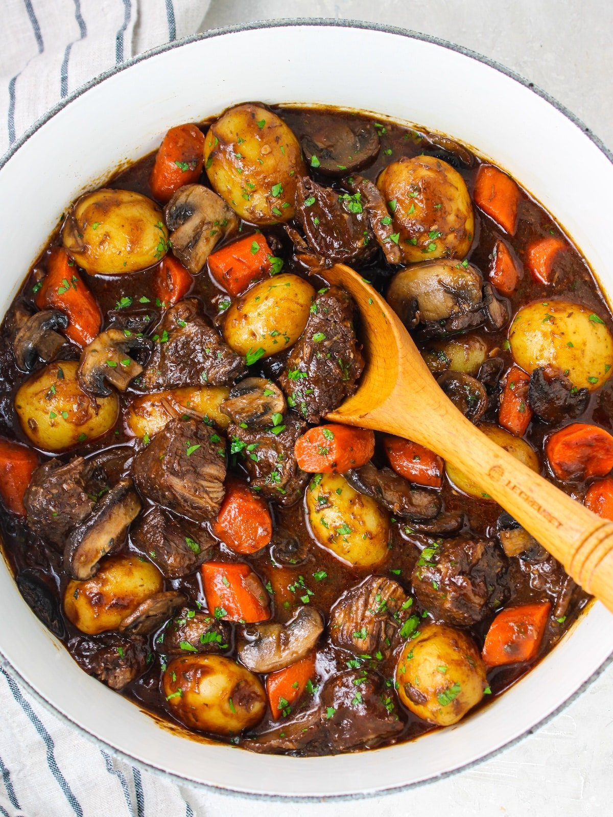 A pot of cooked beef stew.