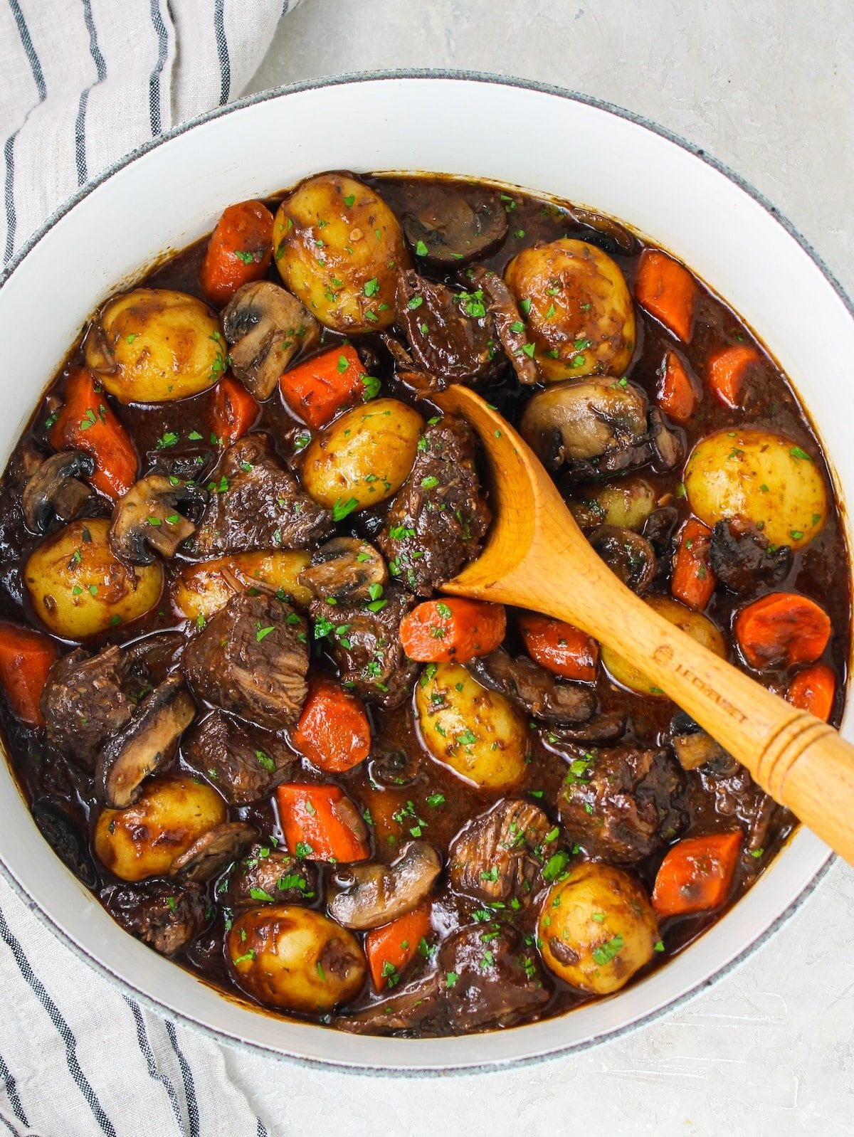 Beef stew with mushrooms cooked and ready to eat.