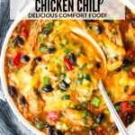 A Pinterest pin of smoky chicken chili in a bowl.
