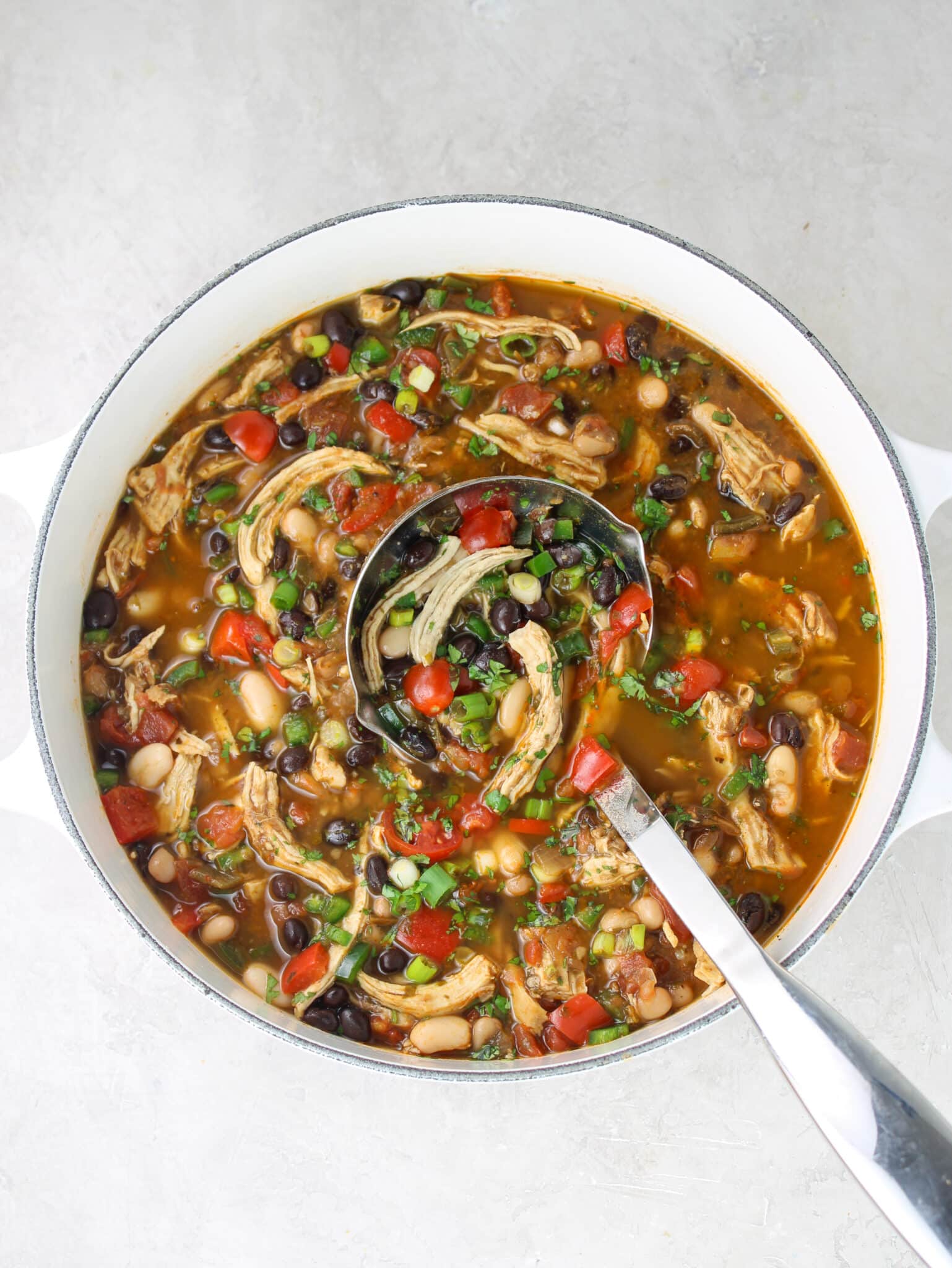Chicken chili recipe made in a Dutch oven with chicken, broth, beans, tomatoes, onions, garlic, herbs and spices.