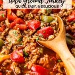 A Pinterest pin of Stuffed Pepper Soup with Ground Turkey.