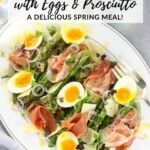 A Pinterest pin of Asparagus Salad with Eggs and Prosciutto on a platter.