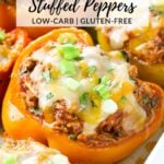 A Pinterest pin of Mexican Shredded Chicken Stuffed Peppers.