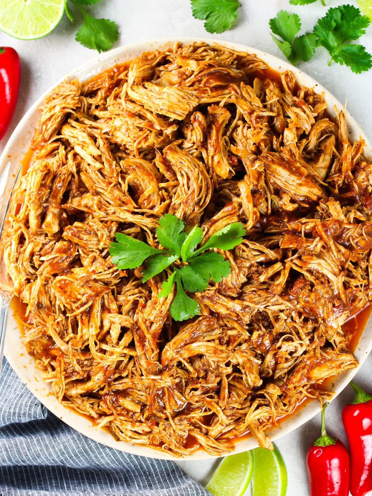 Shredded Mexican Chicken (Instant Pot + Slow Cooker) Full Plate of Chicken Over Top