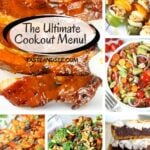 A Pinterest pin of a collage of tasty cookout food like grilled shrimp, chicken kabobs, ribs, and side dishes and Smores bars.